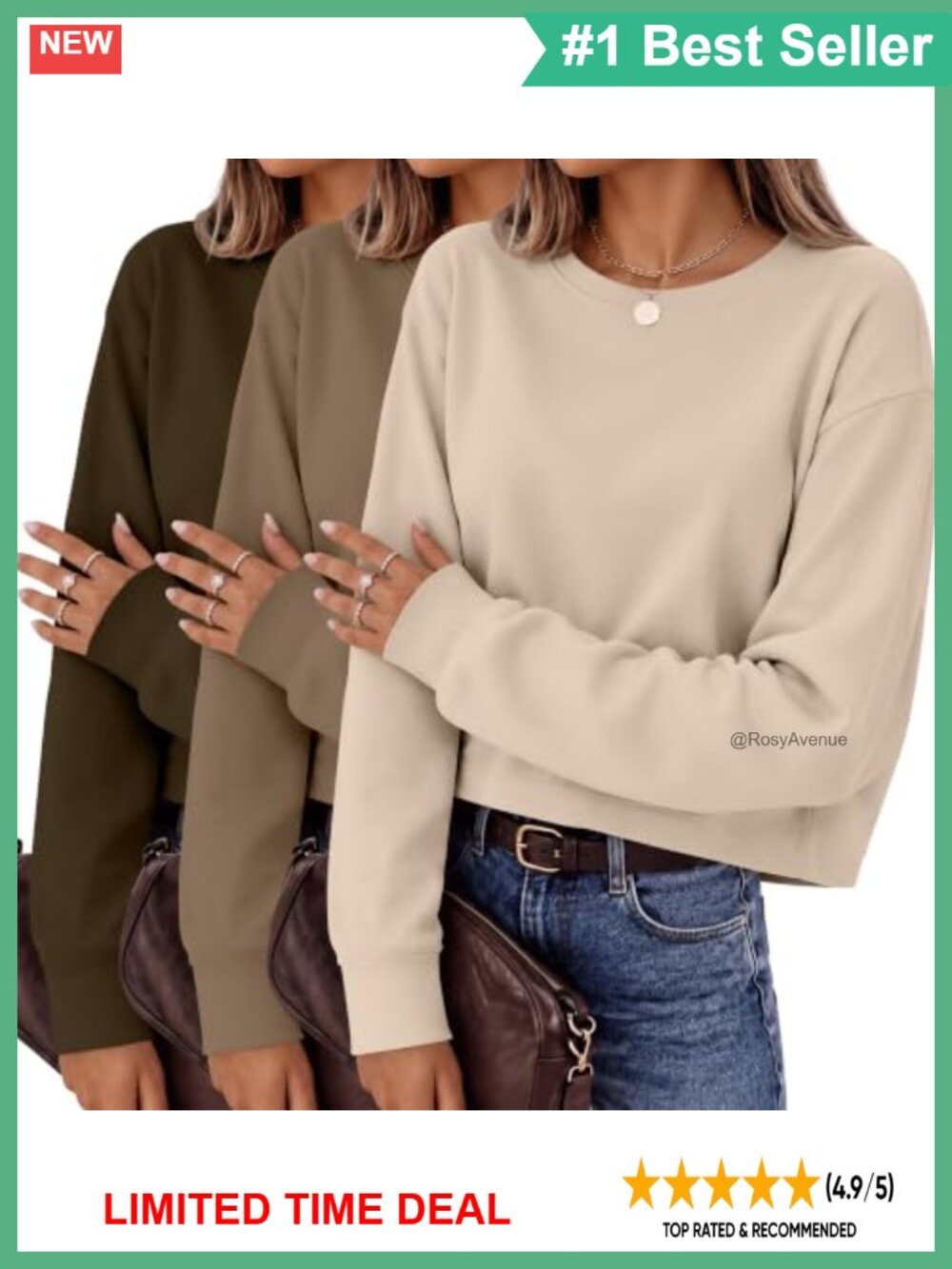 Women's 3 Pack Crop Tops Oversized Long Sleeve Crewneck Tees Polyester Spandex